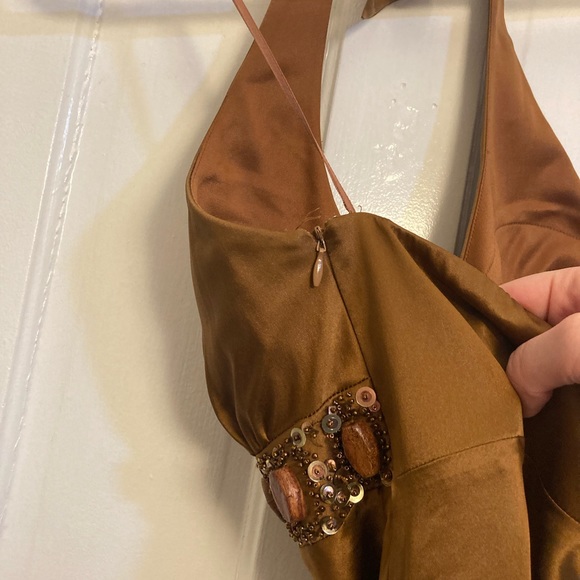 Y2K Brown Silk Halter Tank Top- Beaded, Vintage - Picture 4 of 8